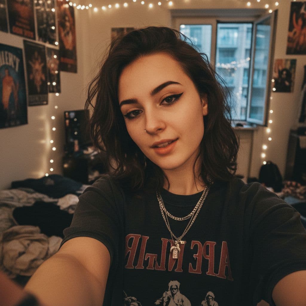 AI generated: “A phone-camera selfie of an original grunge-aesthetic girl.
She has smudged black eyeliner, slight...