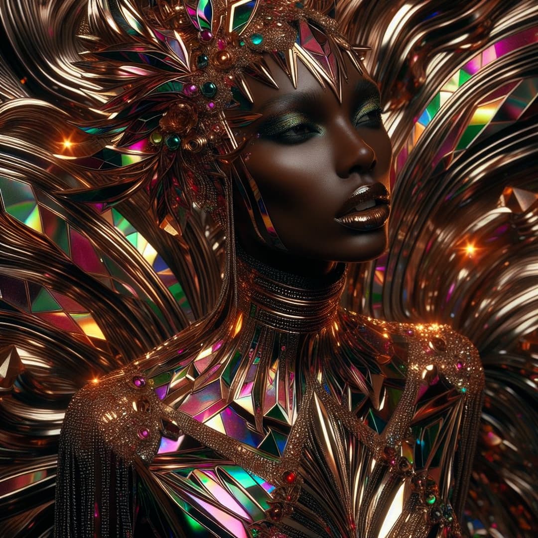AI generated: Dark skin model wearing Kaleidoscopic apparel, triadic palette, bronze textures, fragmented elegance...