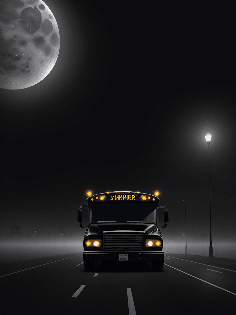 AI generated:  glossy black school bus leaving the city, foggy, moonlight<lora:xl_more_art-full_v1:0.7> <lora:add-...