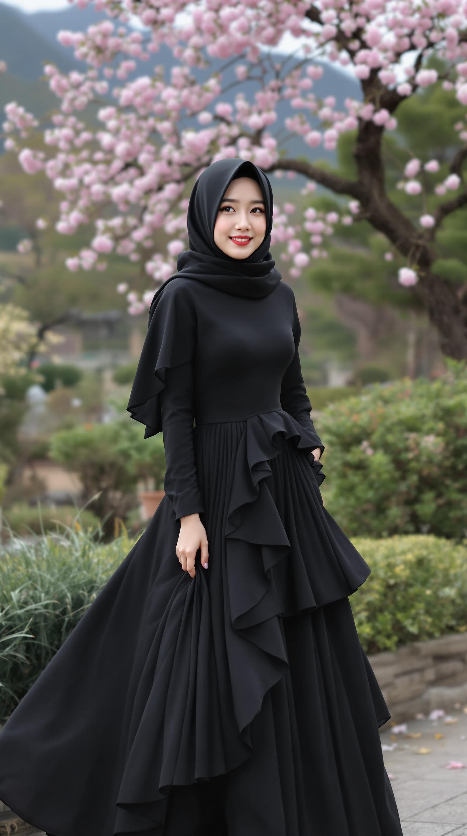 AI generated: a girl, Korean woman, korean ulzzang face, in a dress clothes, wear a black hijab and beautiful blac...