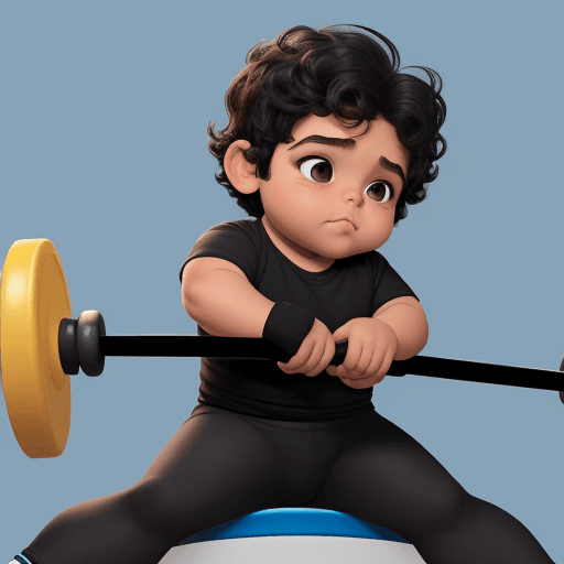 AI generated: Pequeño bebé gordo de cabello negro haciendo ejercicio físico Disney Pixar