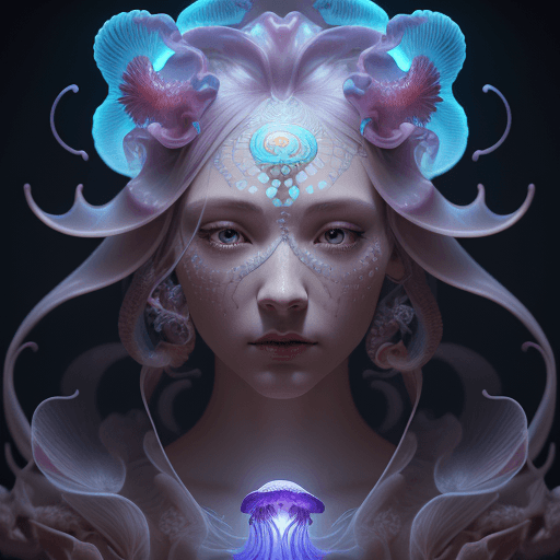 AI generated: Goddess close-up portrait ribcagel. jellyfish phoenix head, nautilus, orchid, skull, betta fish, bio...