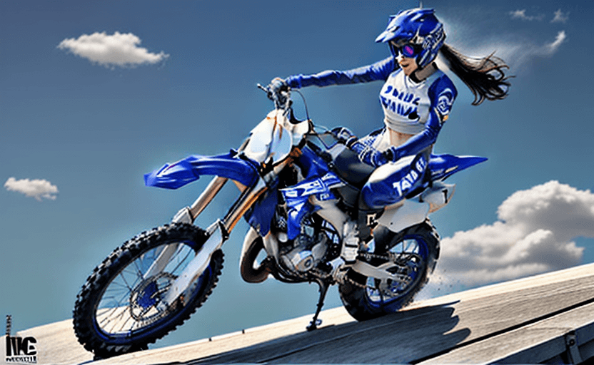 AI generated: Powerfull yamaha yz on the top of high bulding with sexy girl on it