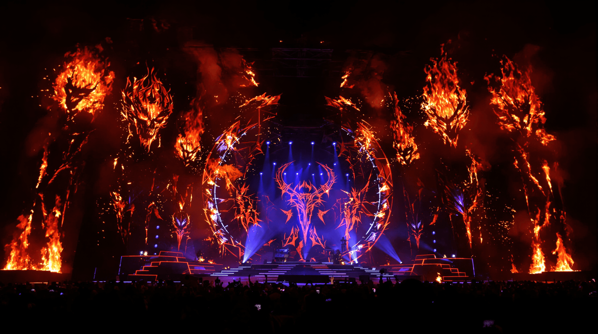 AI generated: A wide shot of the stage with mounting hellfire, demonic symbols appearing in the flames, dramatic l...