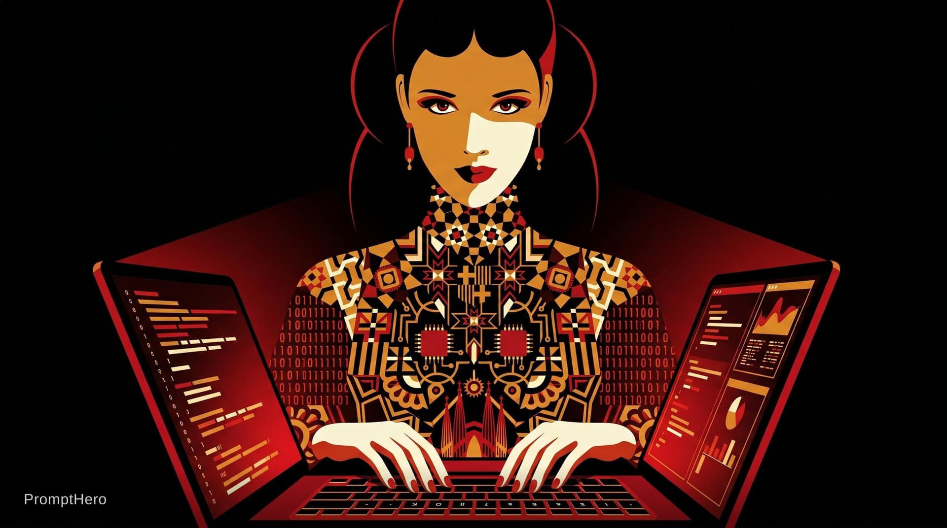 AI generated: I need a programmer front view on lap top typing but i want this color tones and style like Malika F...