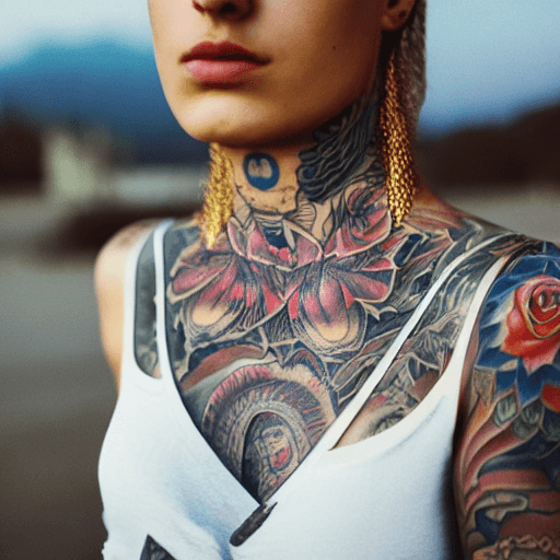 AI generated: hyper realistic photograph, portrait of a tattooed greek woman, future punk, gold tattoo line, side ...