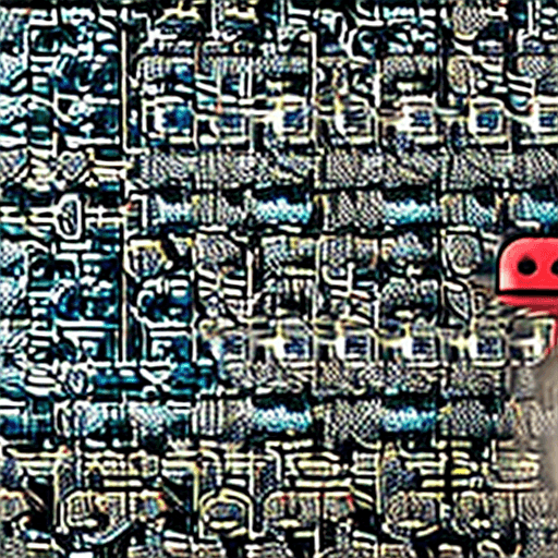 AI generated: A robot with a coin at his center, standing in front of a background of interconnecting block chains...