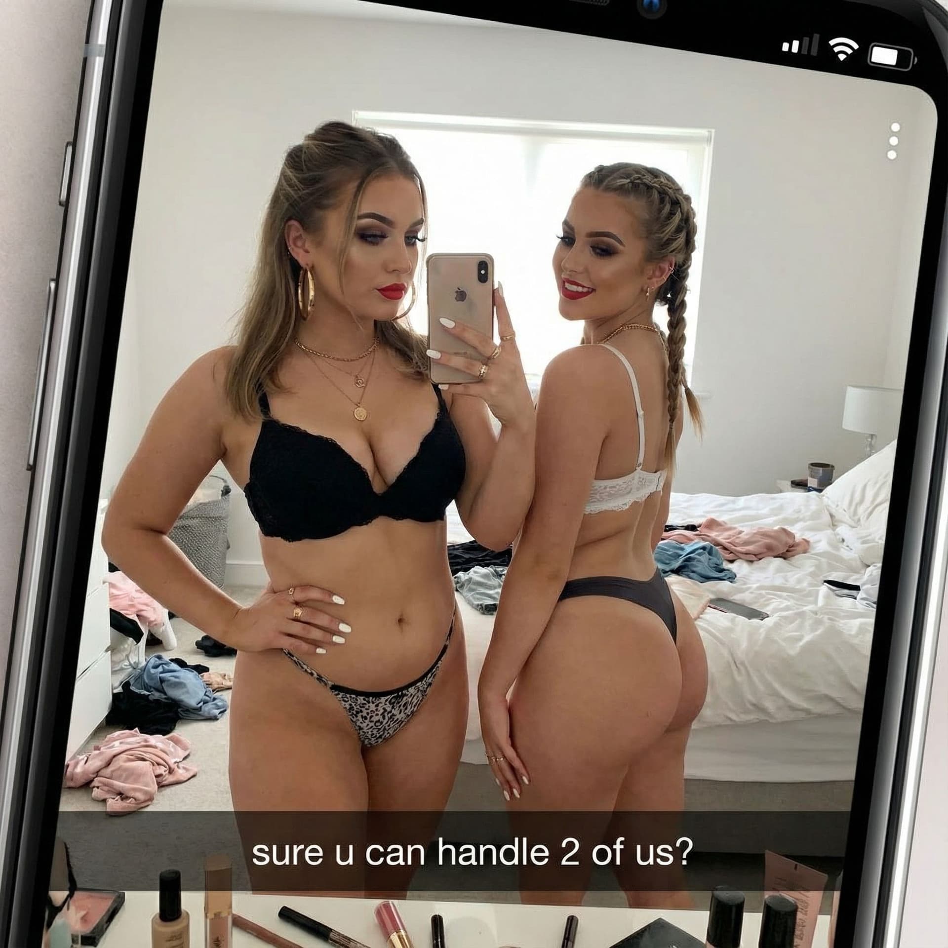 AI generated: Two 22 year old chubby white women with exceptionally busty and curvy figures take a mirror selfie i...
