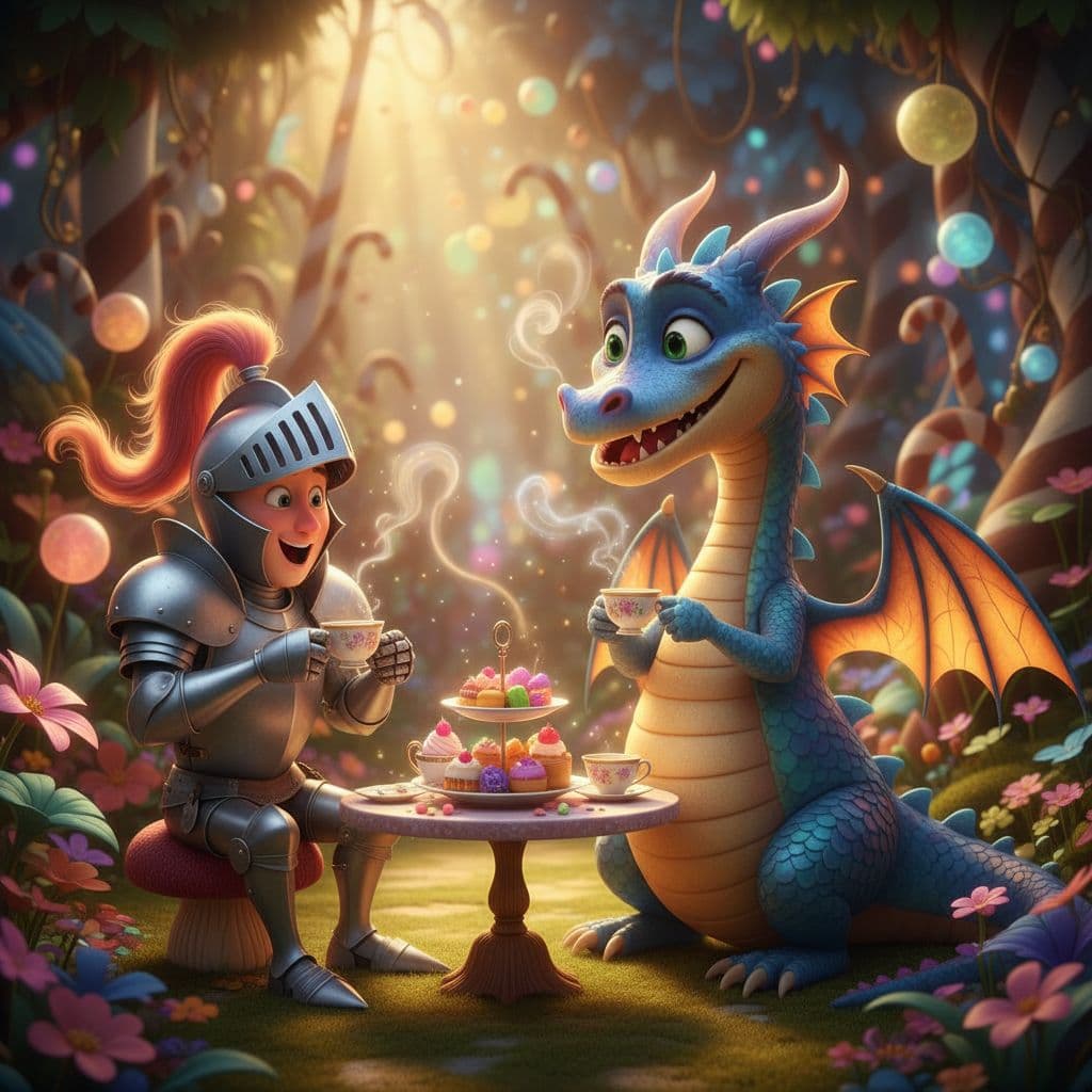 AI generated: a fantastical concept of a knight in shining armor sharing a tea party with a whimsical dragon, Pixa...