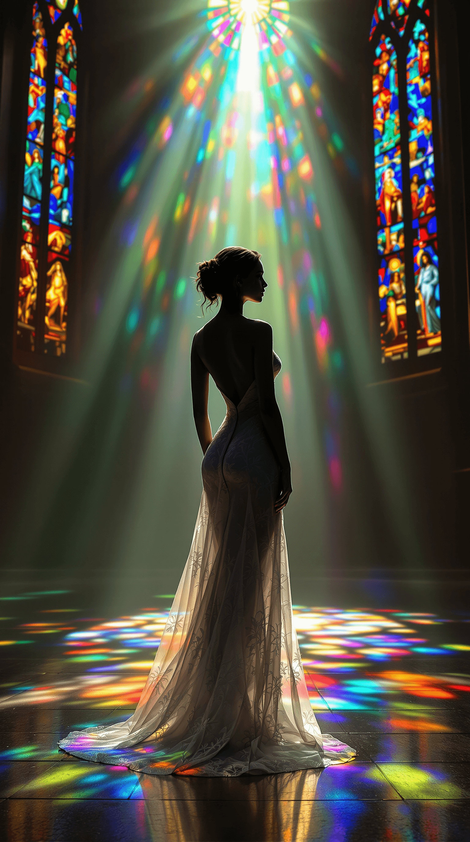 AI generated: a captivating silhouette of a woman standing gracefully in a grand cathedral, her form elegantly out...