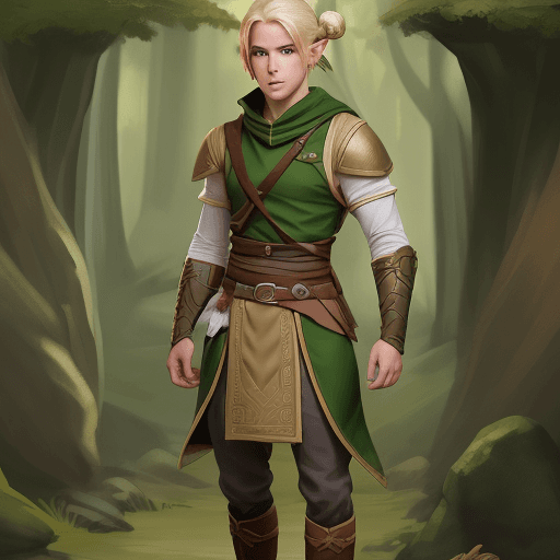 AI generated: young adult male blonde half-elf ranger 
 hair in bun dungeons and dragons full body image