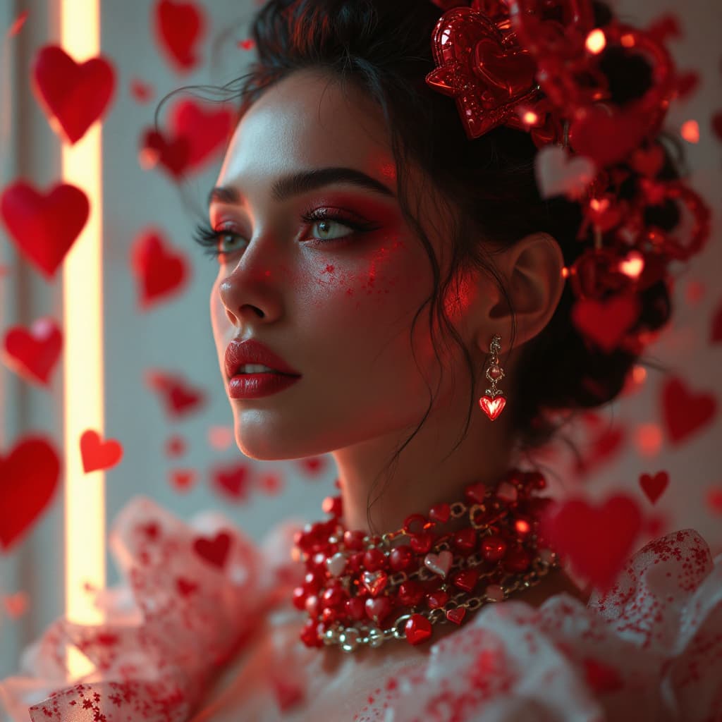 AI generated: woman with valentine gown, niji, octane render, close-up shot of a (Female:1.3) , wearing Chic cloth...
