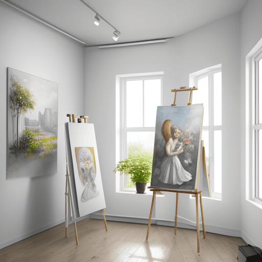 AI generated:  realistic modern white Atelier with easel and white vanvas on a white wall, art from keith hearing,...
