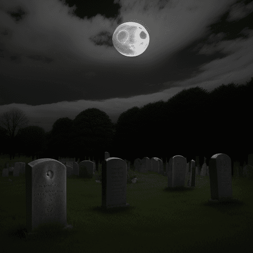 AI generated: night light, cloudy moon, tombstones on a meadow, 6 tombstones in the foreground around a gravedigge...