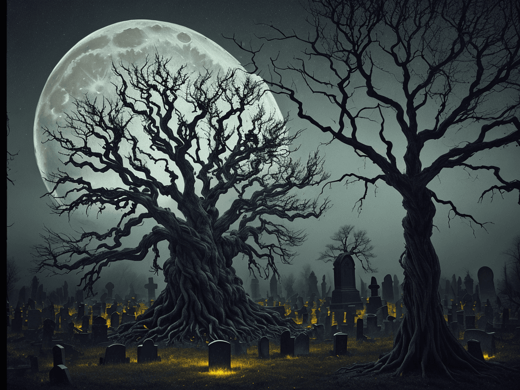 AI generated: The image depicts a hauntingly beautiful graveyard scene at night, with a full moon casting an eerie...