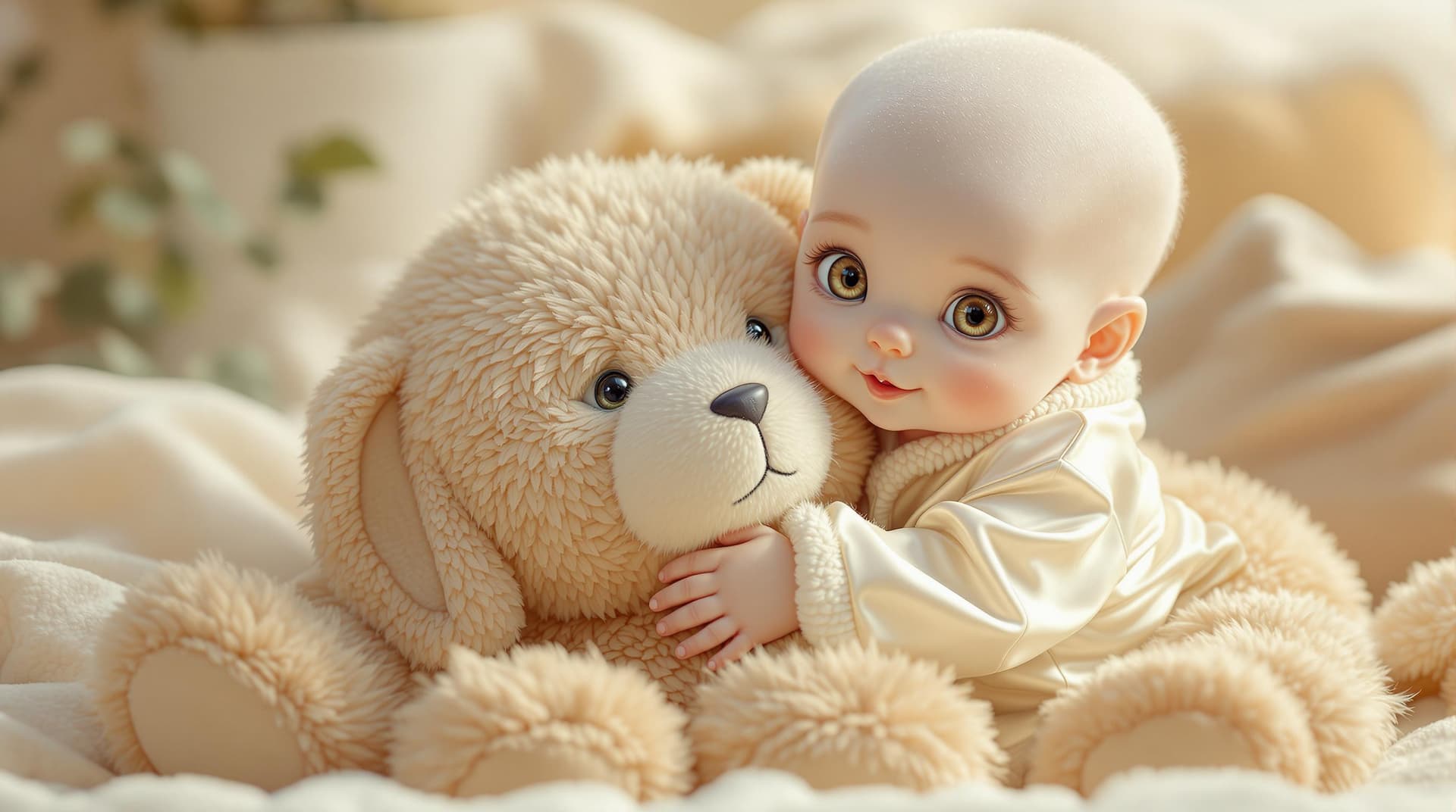 AI generated:  a beautiful and cute alien babie with topaz color eyes, wearing a silk white adorable pyjamas, hugg...