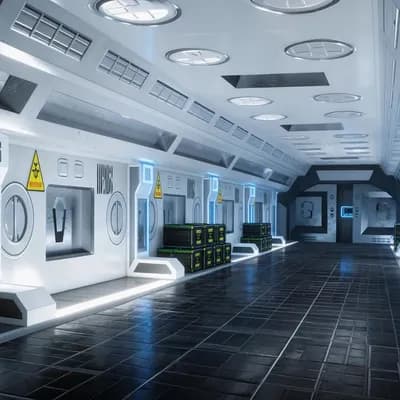 AI generated video: Slow walk to the end of the corridor, looking around. Open the door at the end of the corridor and w...