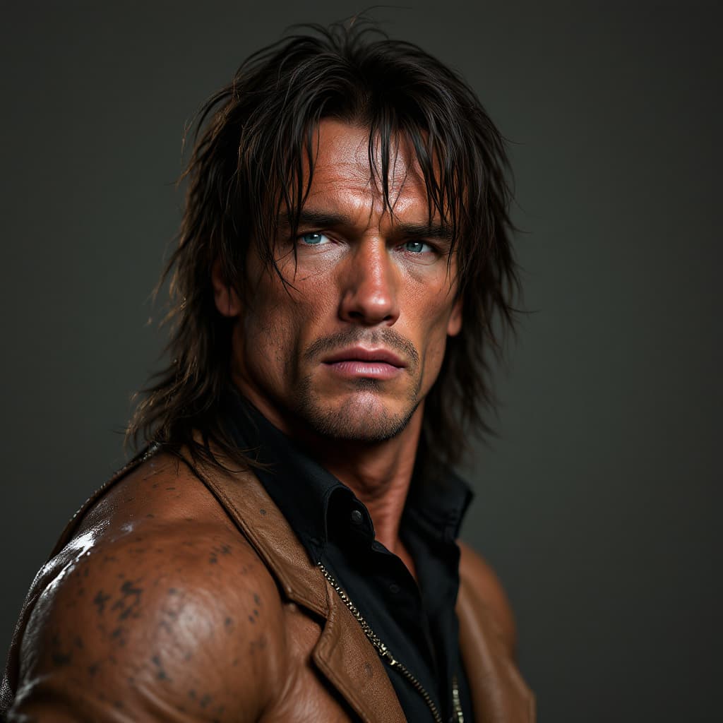 AI generated: Hyper realistic photo realistic photo of arnold schwarzenegger wearing the clothes of an emo scene k...