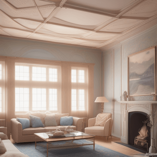 AI generated:  ceiling, beige blue salmon pastel palette, interior design magazine, cozy atmosphere; 8k, intricate...
