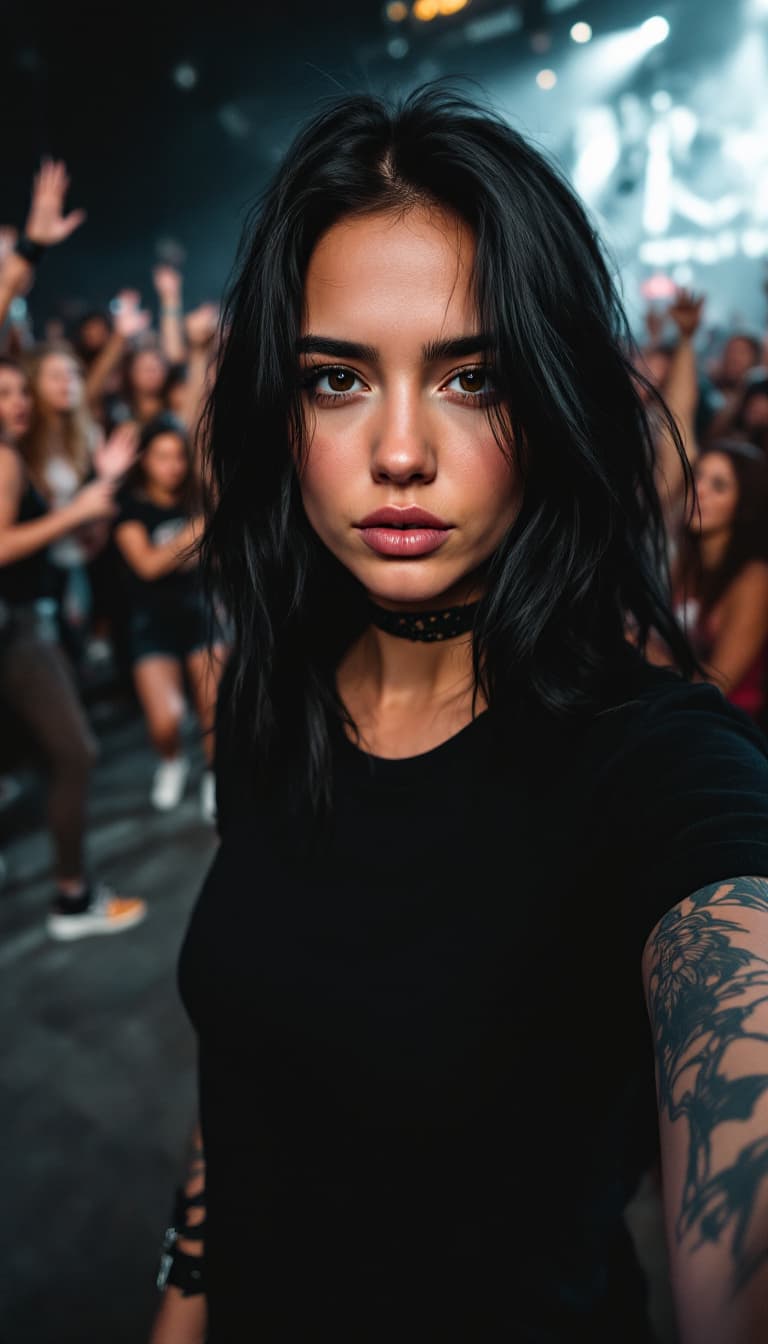 AI generated: A young Caucasian woman with medium long black hair, a black t-shirt, some tattoos, rock and roll st...