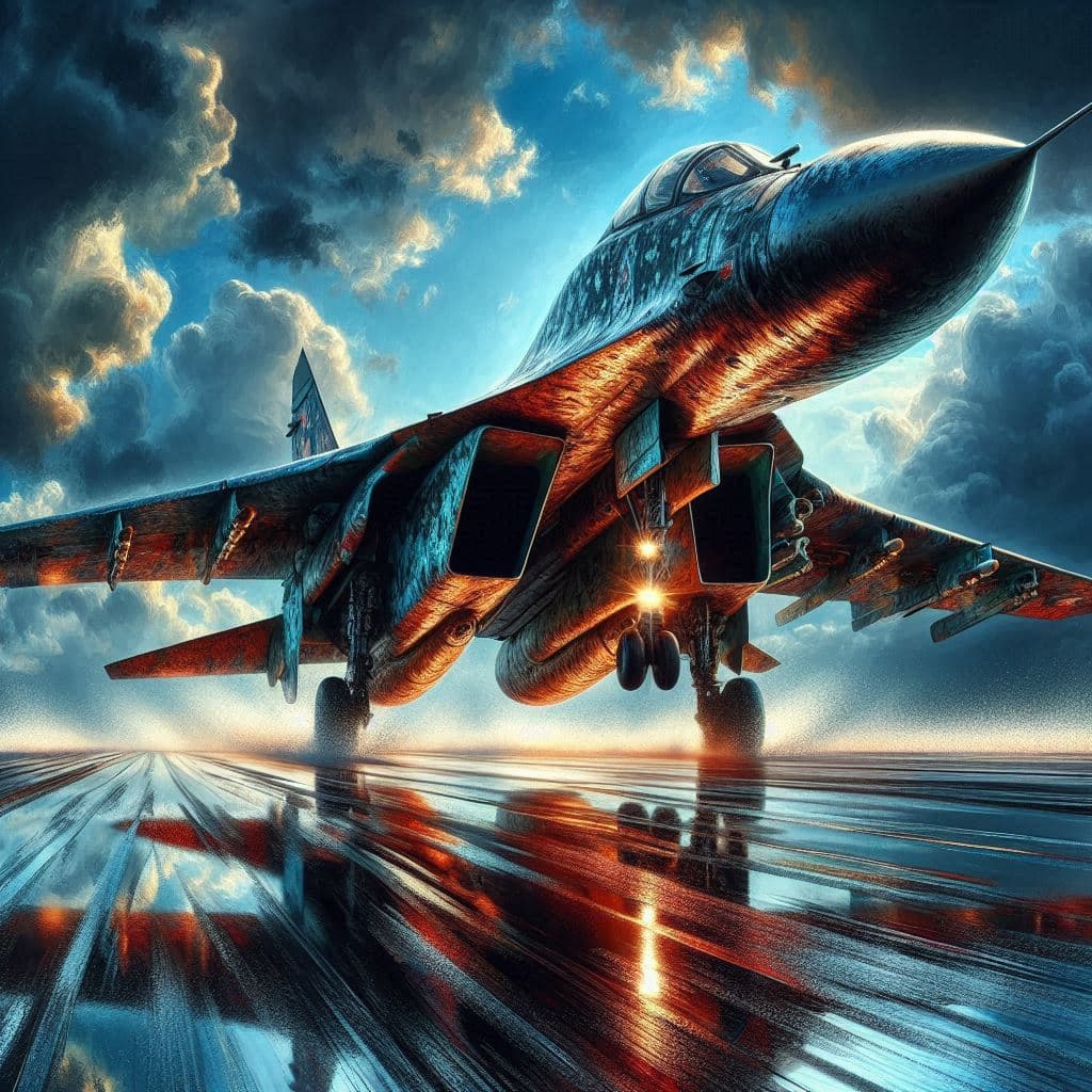 AI generated: Dramatic textured low-wide angled portrait- a Sukhoi Su 27- with afterburners taking off a soaked ru...