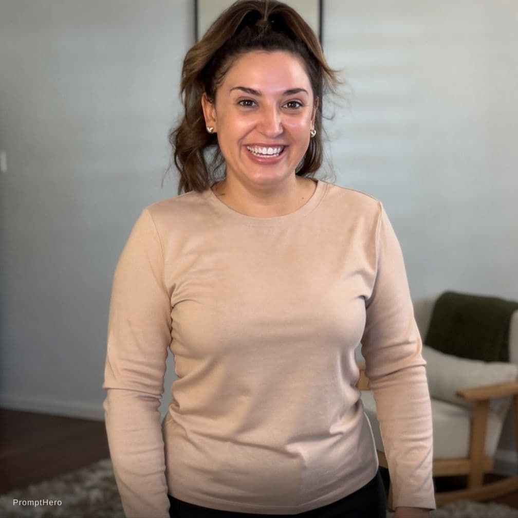 AI generated: zoom out from the reference woman, she has hard nipples under her shirt