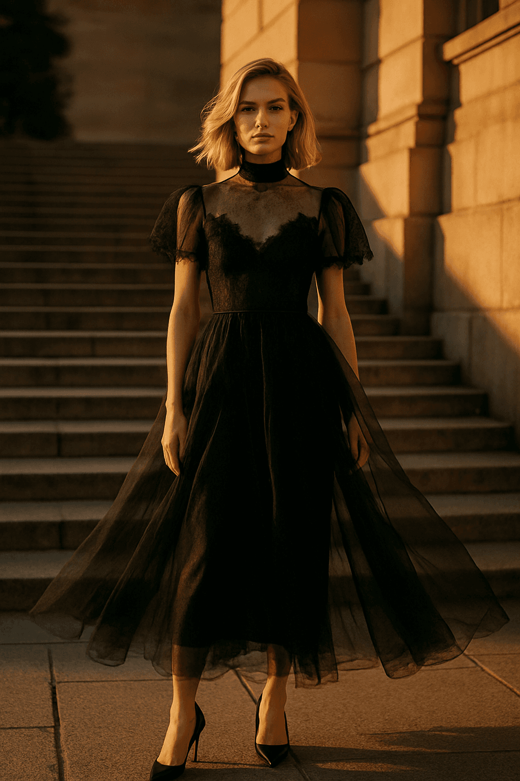 AI generated: A striking fashion editorial scene during golden hour: a poised, confident woman stands at the base ...