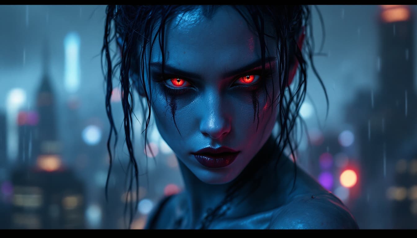 AI generated: beautiful sensuous white skin women, dark blue hair, crimson red eyes, charmer, alluring, queen vamp...
