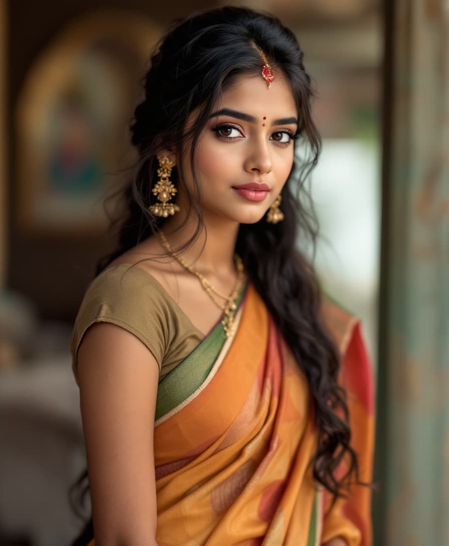 AI generated: 21 years old, Indian hair style, wearing a  saree