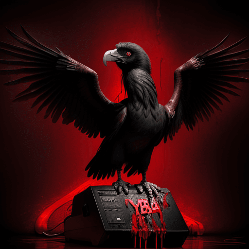 AI generated: hyperrealistic image of a black Condor, wings open, standing on a red electric guitar, in the backgr...
