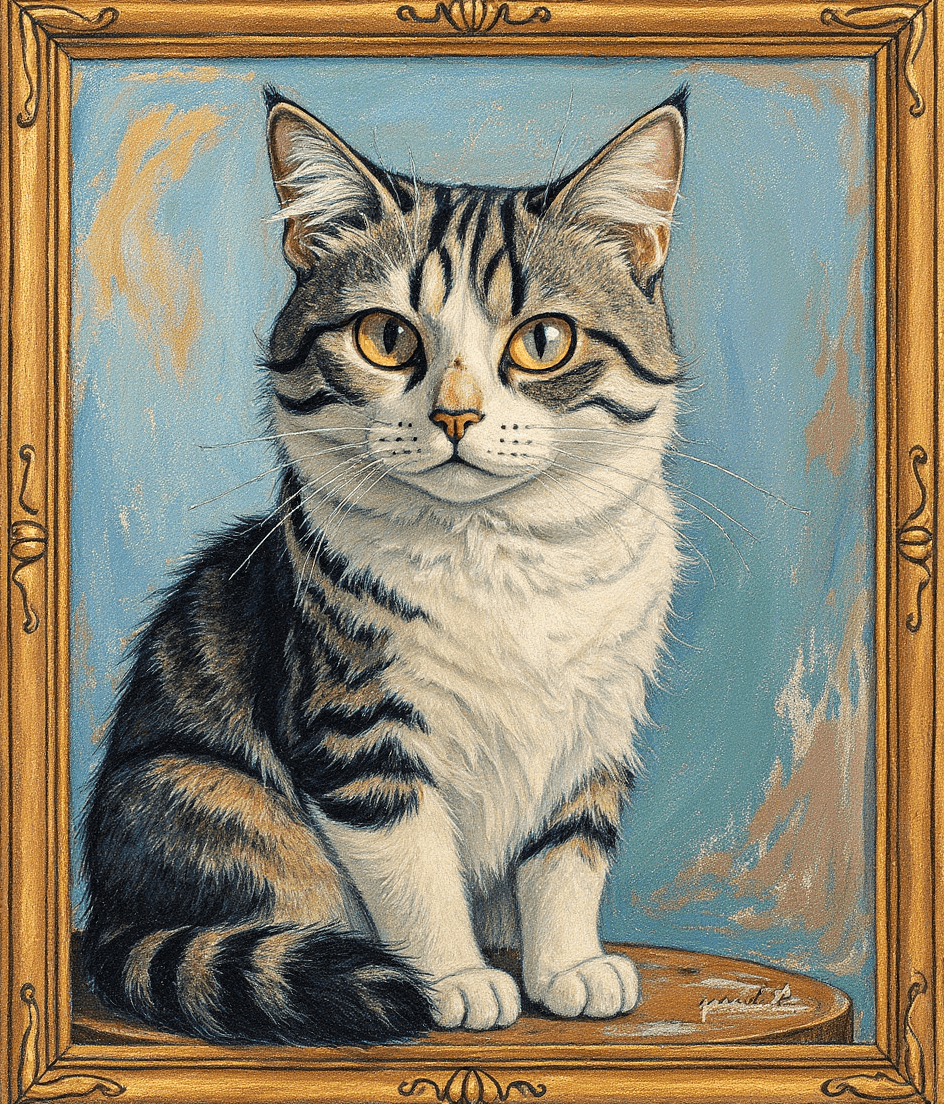 AI generated: a drawing of cat, in the style of reimagined fashion art, Caravaggesque, distinct framing --ar 1:2 -...