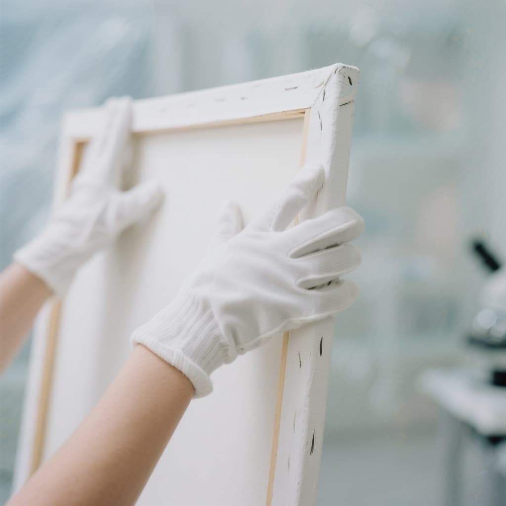 AI generated: close up of two hands whith white gloves holding the corner of a big blank paint canvas, blurred bac...