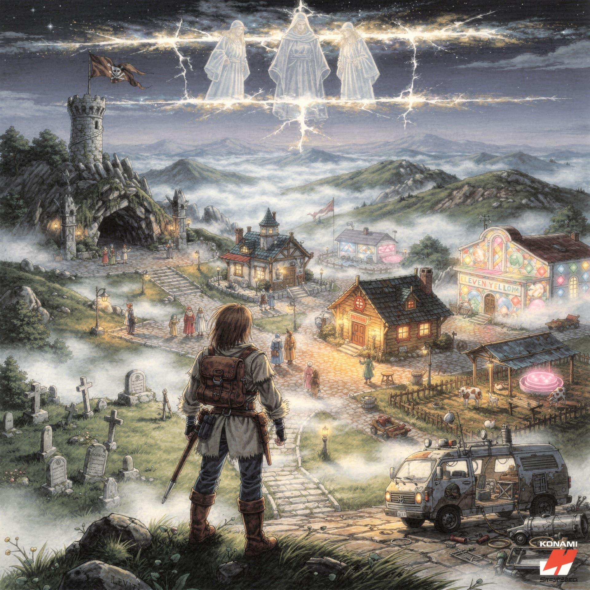 AI generated: Japanese 1990s RPG box art illustration, Konami-style hand-painted airbrush art, romantic compositio...