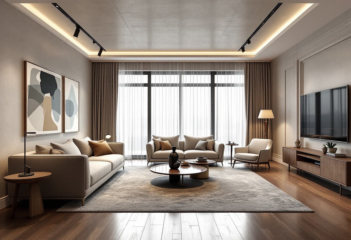 AI generated: interior design of a large luxurious living room, wooden flooring, cement finished walls, track ligh...