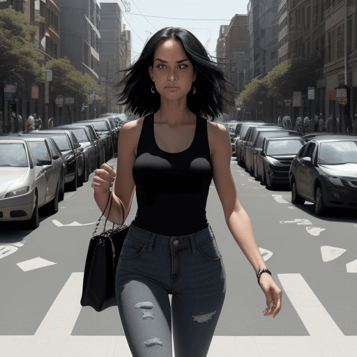 AI generated: walking down a city street, wearing a black tank top and blue jeans. She is also carrying a handbag....