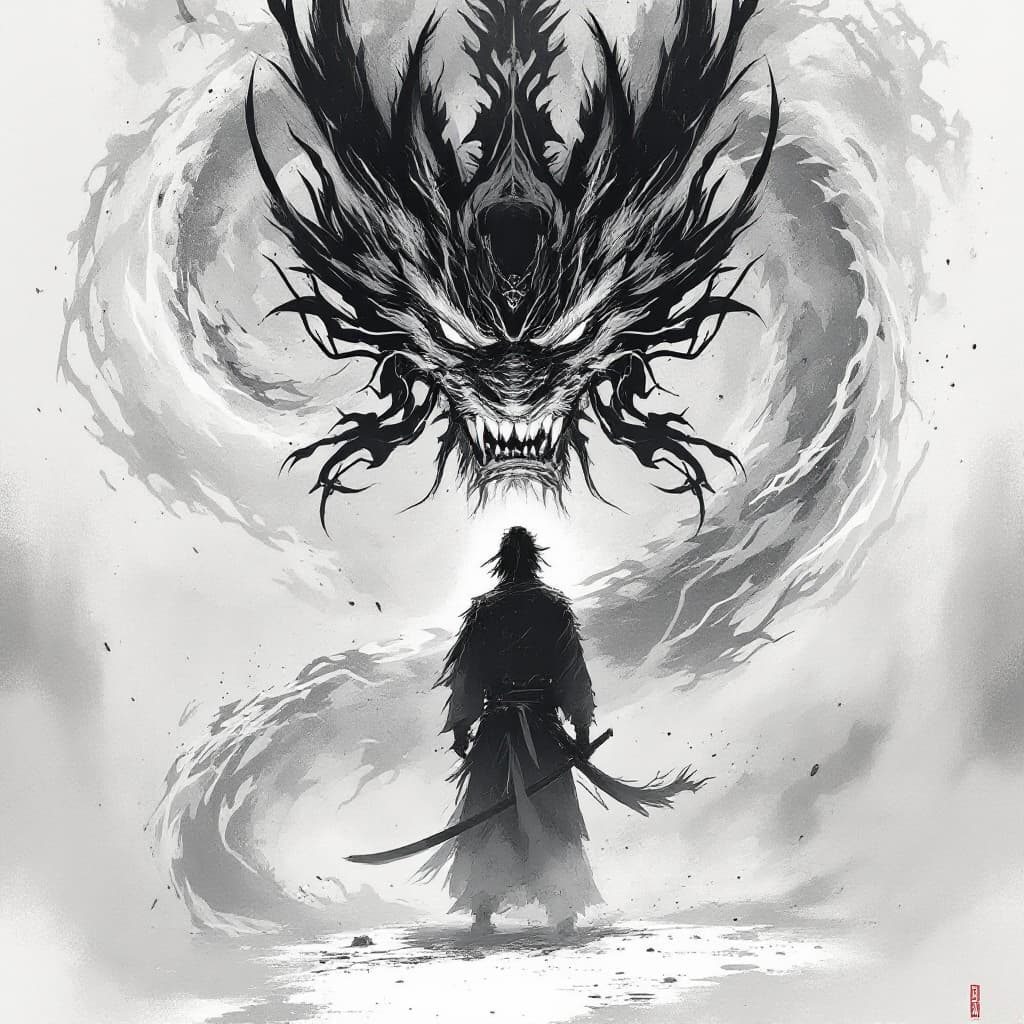AI generated: japanese samurai in front of a dragon, in the style of minimalist ink wash, 2d game art, witchcore, ...