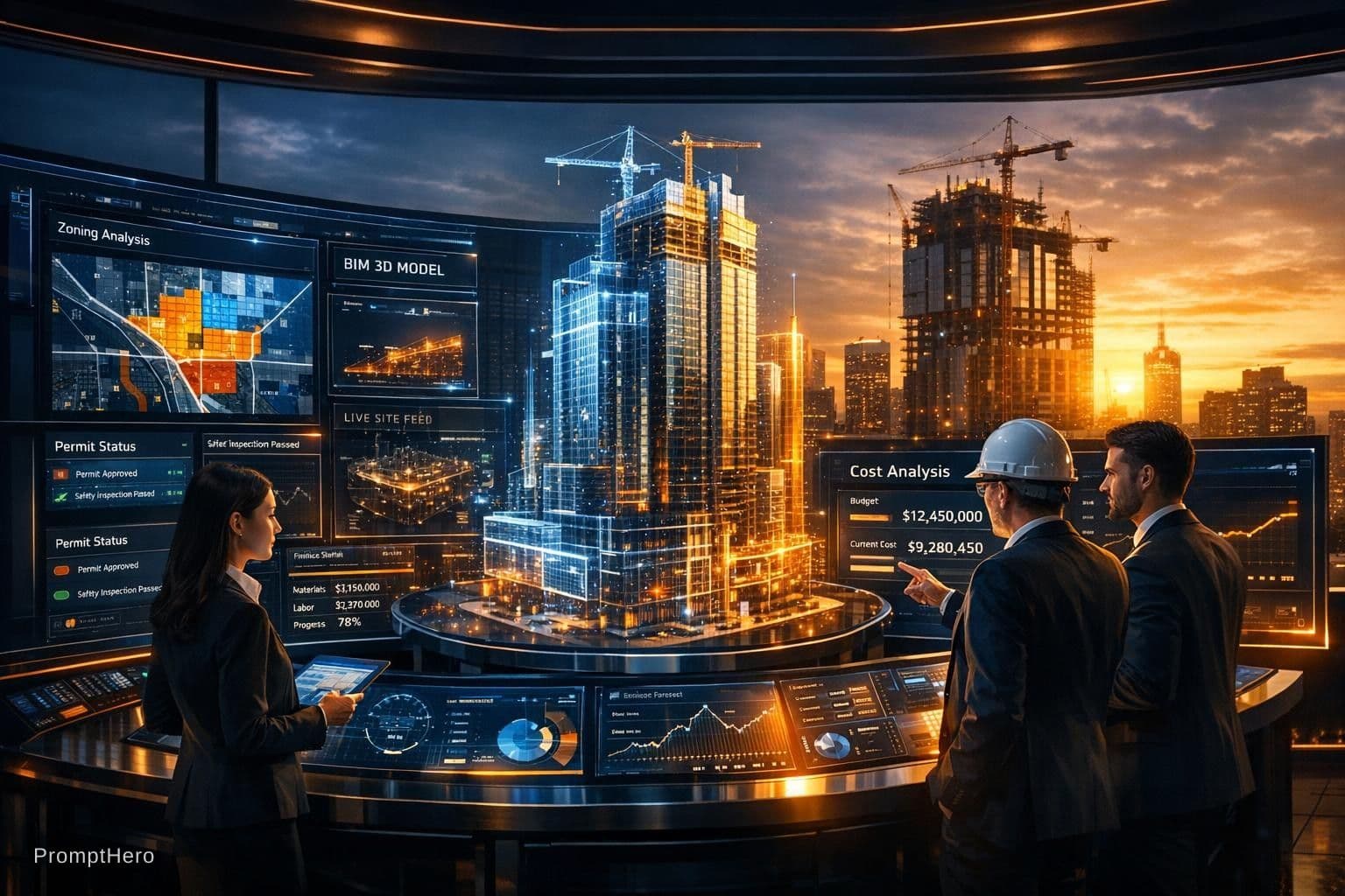 AI generated: Ultra-premium hero image for a cutting-edge AI construction management platform app. A dramatic cine...