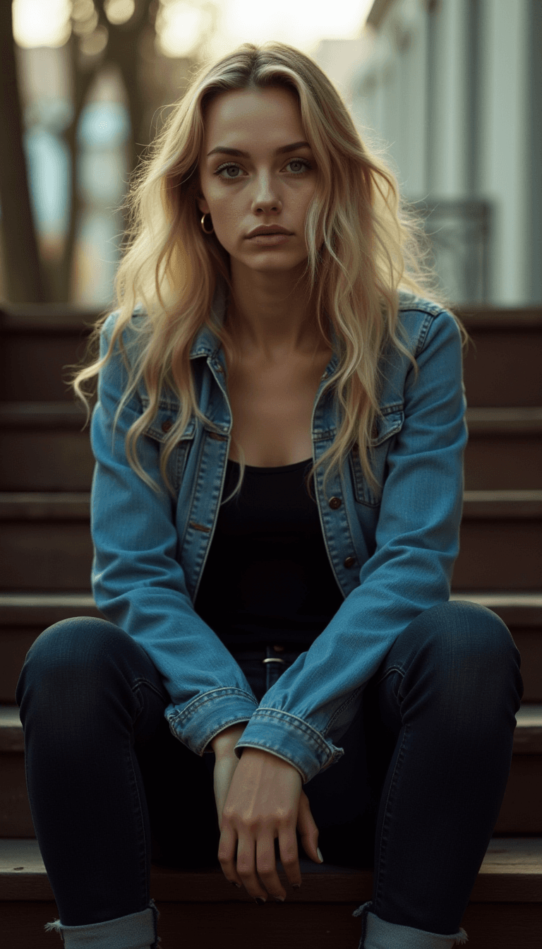 AI generated: A young woman with long blonde hair styled in loose waves sits on a wooden staircase, her legs cross...