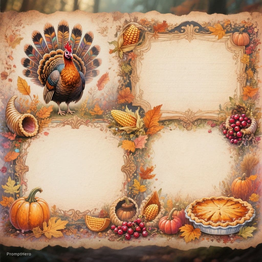 AI generated: Whimsical Thanksgiving Stationery Set featuring detailed borders and frames on blank pages with an o...