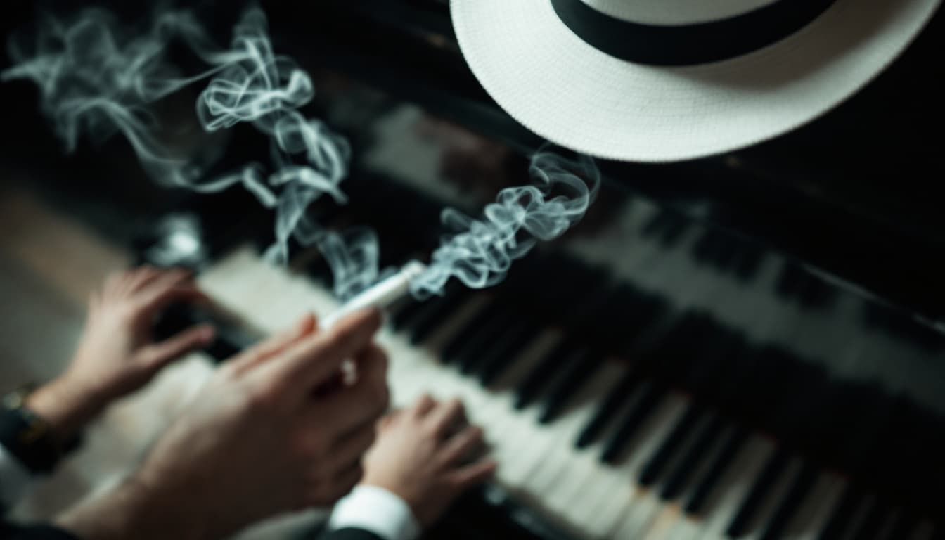 AI generated: portrait capturing the essence of a pianist with white hat from an overhead perspective smoking a ci...