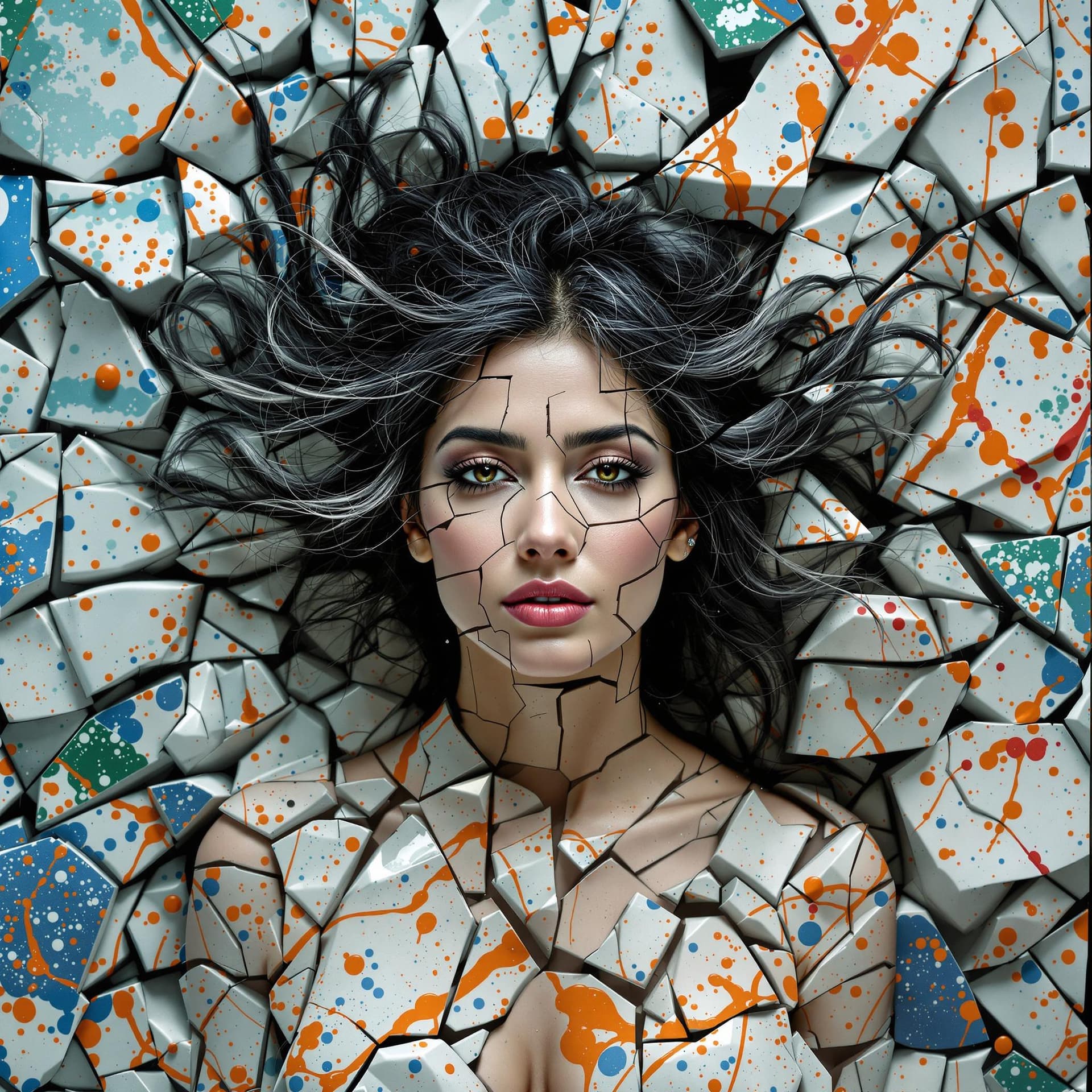 AI generated: A middle-aged woman of Indian descent, her dark hair streaked with silver, appears fractured and spl...
