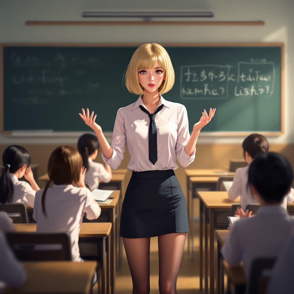 AI generated: A Japanese  female,blond Hair Bob, black miniskirt, black tights,
She is a teacher, she is in the cl...