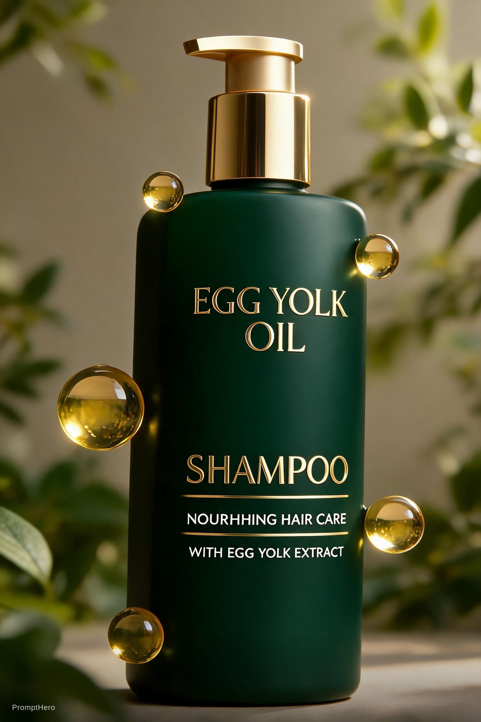AI generated: luxury cosmetic product shot, egg yolk oil shampoo bottle, dark green premium cosmetic bottle with g...