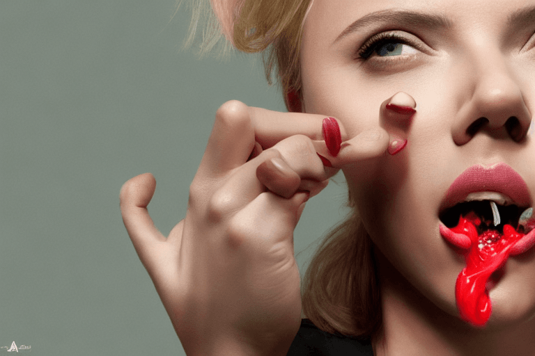 AI generated: scarlett  Johansson, sucking a candy, octane render, trending on artstation,t symmetrical artwork. c...