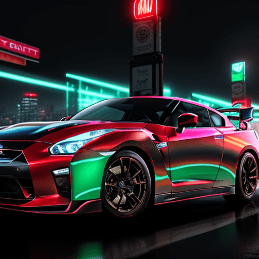 AI generated: Replace car for nissan gtr,  Electrifying scene captures a stunning woman <lora:myownface:1> on the ...