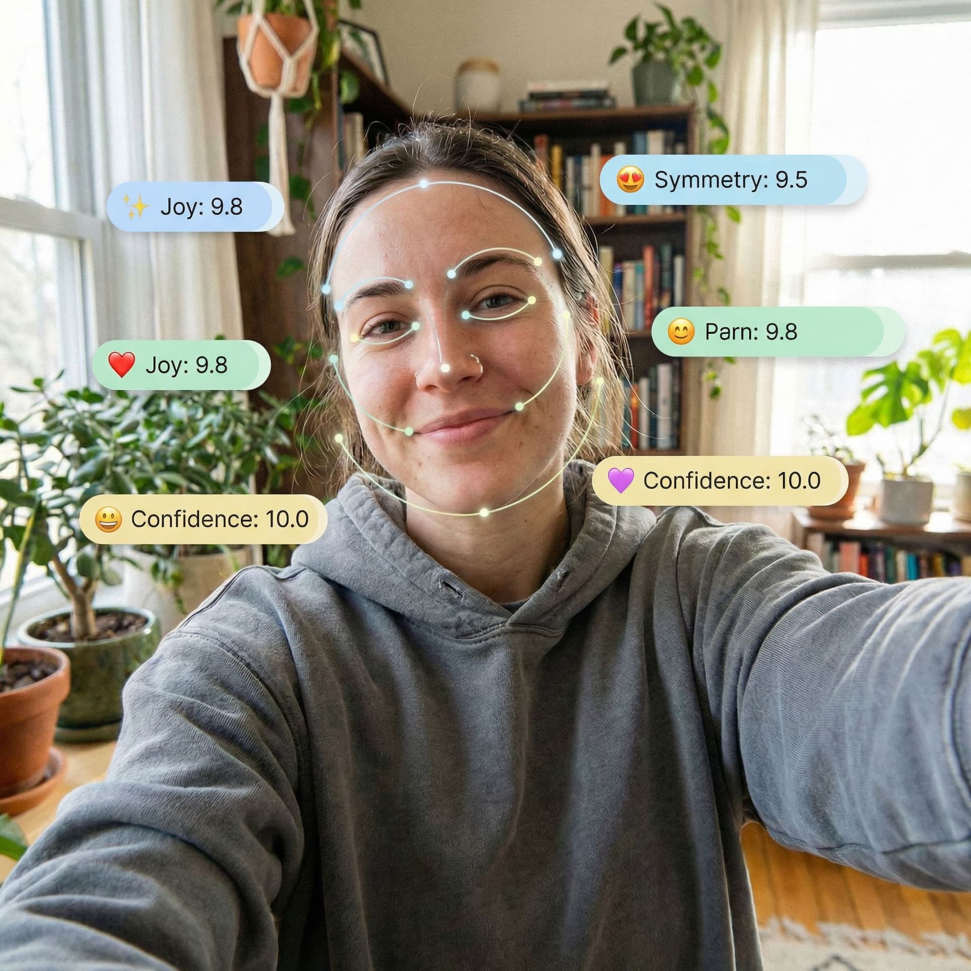 AI generated: Friendly, playful thumbnail showing AI face scoring.
Portrait photo with soft lighting and natural e...