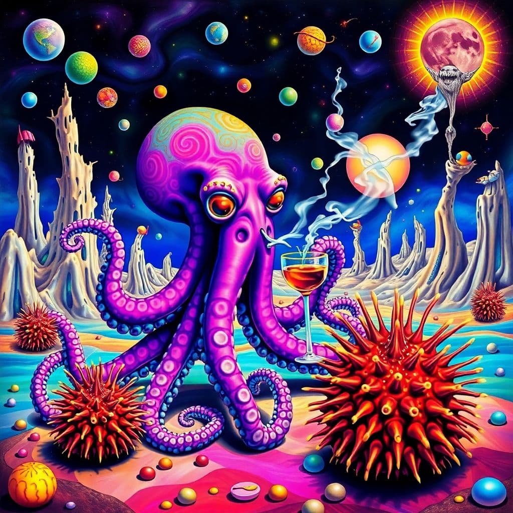 AI generated: Create a trippy, surreal picture in the style of Salvador Dali featuring a psychedelic octopus, sea ...