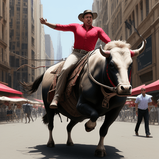 AI generated: a man ride on the bull in market

