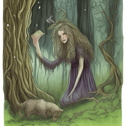 AI generated: forest witch, storybook illustration