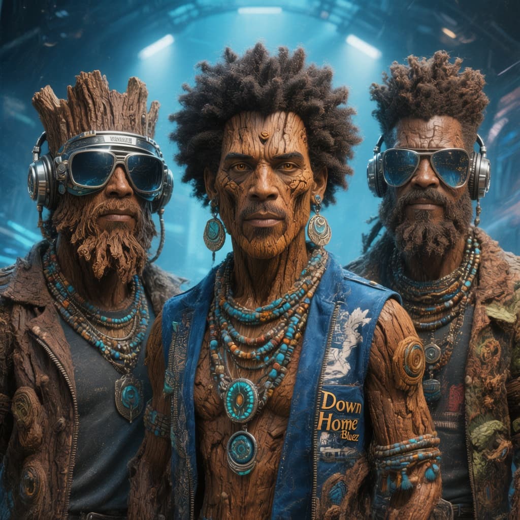 AI generated: ultra detailed futuristic blues band, members are made of bark and are wearing afro-centric clothes ...